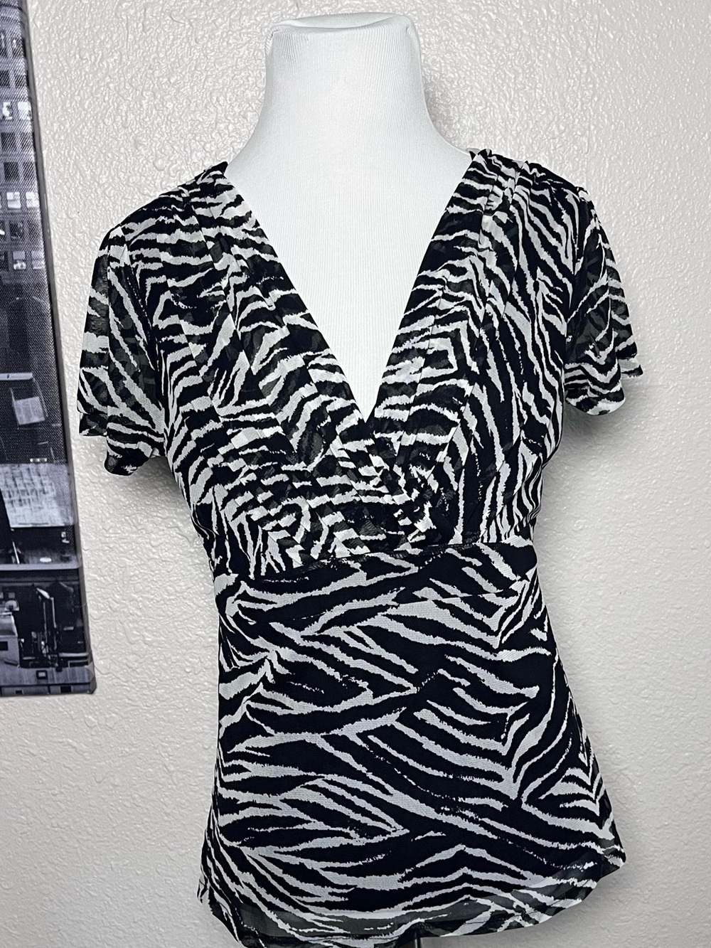 Rafaella Black & White Zebra-Print V-Neck Blouse